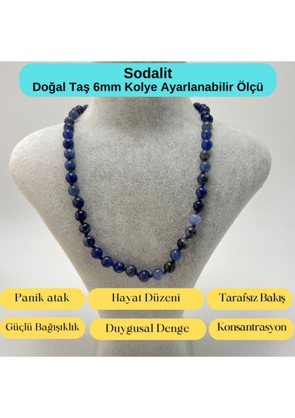 Sertifikalı Sodalit Doğal Taş 6mm Makrome Kolye 45 cm- 55 cm Ayarlanabilir Ölçü