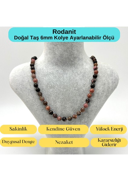 Sertifikalı Rodanit Doğal Taş 6mm Makrome Kolye 45 cm- 55 cm Ayarlanabilir Ölçü