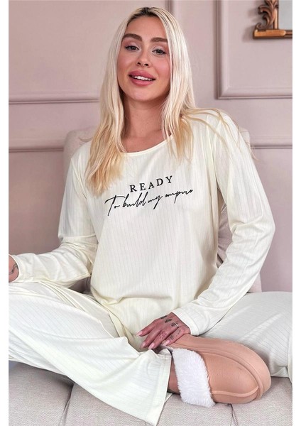 Ekru Ready Dublin Uzun Kollu Kadın Pijama Takımı