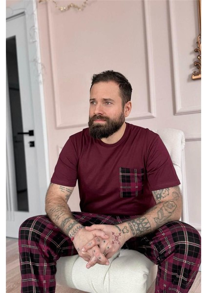 Bordo Ekose Desen Cep Detaylı Kısa Kol Erkek Pijama Takımı modelleri