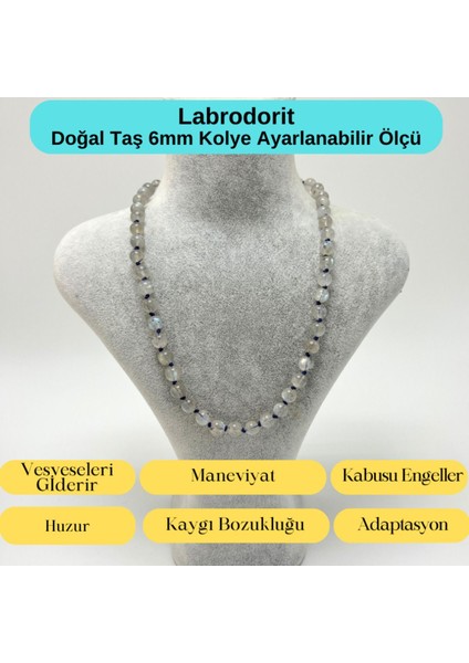 Sertifikalı Labrodorit Doğal Taş 6mm Makrome Kolye 45 cm- 55 cm Ayarlanabilir Ölçü indirimleri