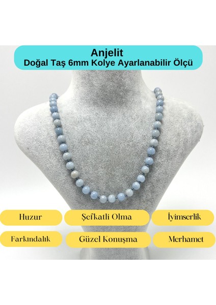 Sertifikalı Anjelit Doğal Taş 6mm Makrome Kolye 45 cm- 55 cm Ayarlanabilir Ölçü indirimleri