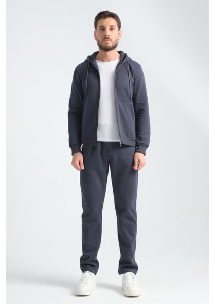 Duman Gri Erkek Kışlık Eşofman Takımı Kuzu Şardonlu Regular Kalıp Minimal Logo Kapüşonlu