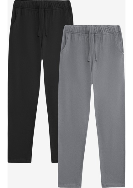 %100 Pamuk 2'li Premium Kumaş Erkek Pijama Altı Beli Relax Fit Lastikli Ipli Cepli Terletmez Esnek Siyah-Gri Rahat Kesim Regular Eşofman Paket