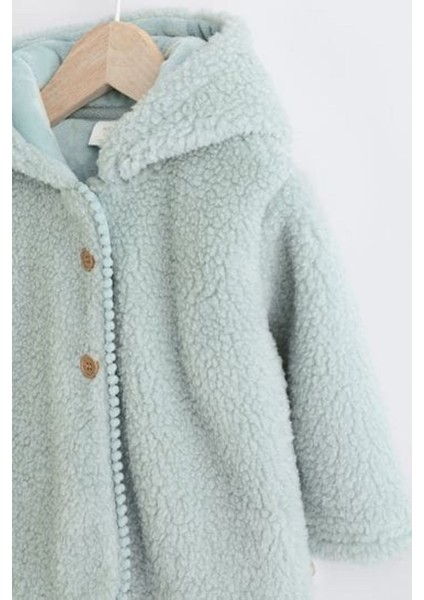 Adaçayı Yeşili Tam Polar Astarlı Kapüşonlu Peluş Ceket modelleri