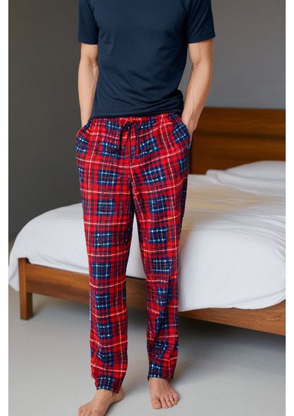 Kareli Erkek Pijama Altı Yumuşak Süet Kumaş Rahat Kesim Cepli Ipli Relax Fit Kırmızı Ekoseli Esnek