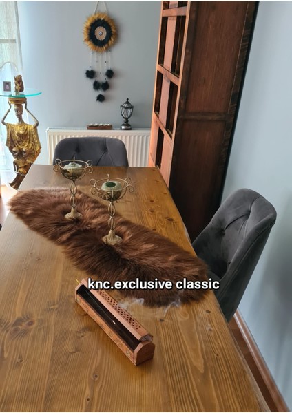 Kahve Kürklü Peluş Masa Örtüsü Şık Dekoratif Lüks Elegant Modern Dekoratif Runner.
