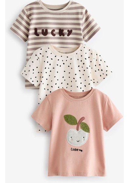 % 100 Pamuklu Kısa Kollu Elma Desenli 3’lü Tshirt Set