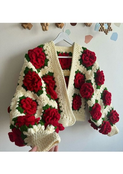 Kirmizi Gül Motifli El Örgüsü Kadın Hırka