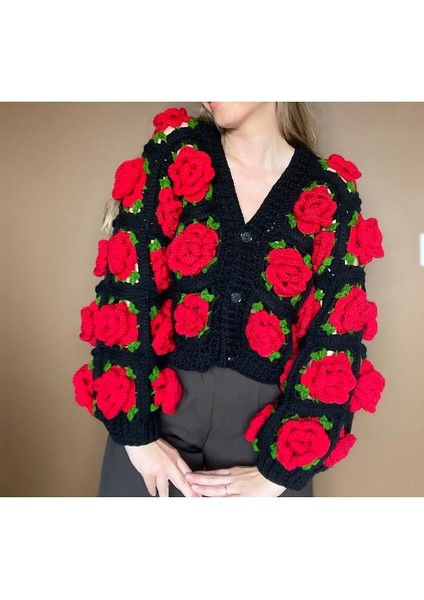 Kirmizi Gül Motifli El Örgüsü Kadın Hırka fiyatları