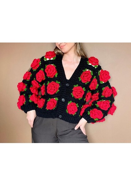 Kirmizi Gül Motifli El Örgüsü Kadın Hırka modelleri