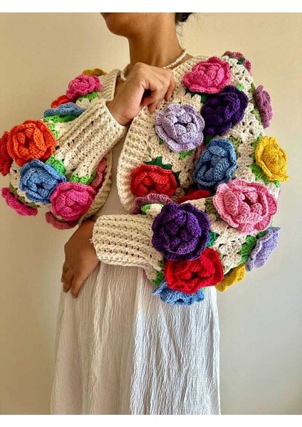 Kirmizi Gül Motifli El Örgüsü Kadın Hırka fırsatları