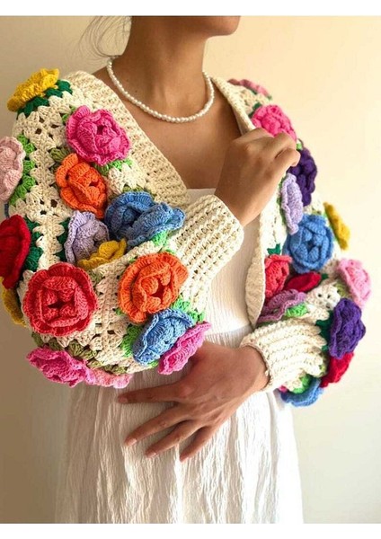 Kirmizi Gül Motifli El Örgüsü Kadın Hırka indirimleri