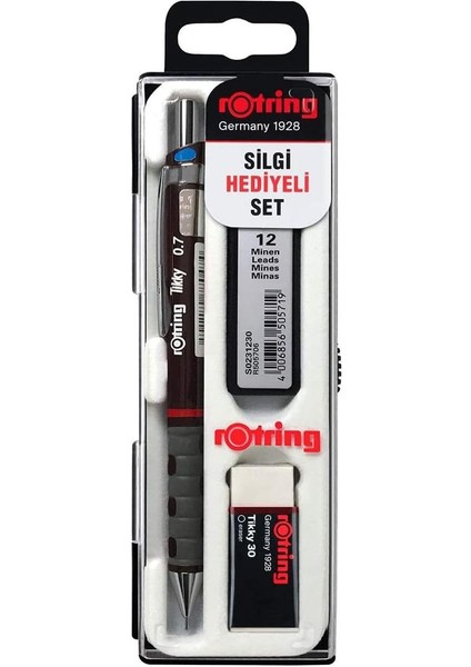 Tikky Mekanik Kurşun Kalem, Uç ve Silgi Seti, Bordo, 3 Lü Set