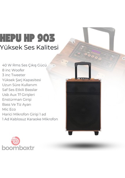 HEPU-903 Mikrofonlu Profesyonel Bluetooth Parti Hoparlörü Kablosuz 8 Inc Woofer Ultra Bass fırsatları