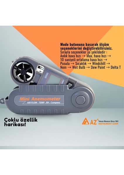Az 8996 Profesyonel Mini Rüzgar Hızı Ölçer | Çoklu Özellikli