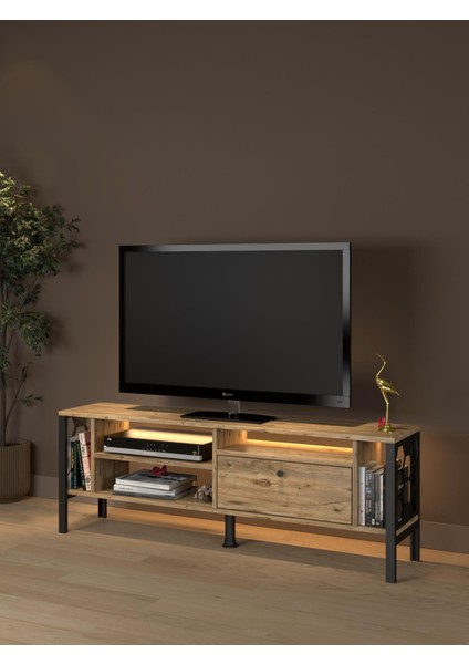 Lotus LED Işıklı Özel Tasarım Metal Ayaklı Minifiksli Tv Ünitesi - Tv Sehpası 140 cm