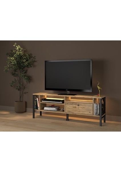 Lotus LED Işıklı Özel Tasarım Metal Ayaklı Minifiksli Tv Ünitesi - Tv Sehpası 140 cm fiyatları