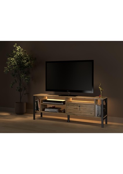Lotus LED Işıklı Özel Tasarım Metal Ayaklı Minifiksli Tv Ünitesi - Tv Sehpası 140 cm modelleri