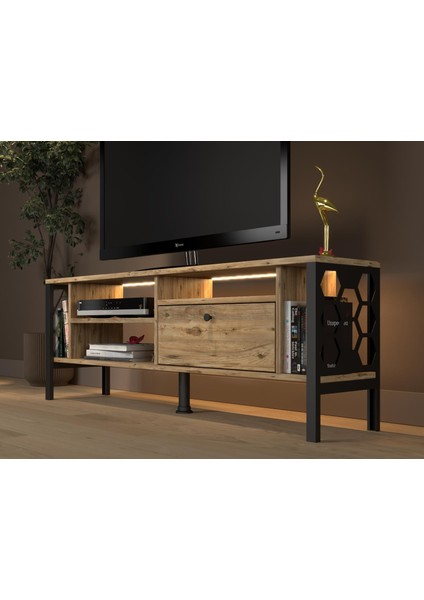 Lotus LED Işıklı Özel Tasarım Metal Ayaklı Minifiksli Tv Ünitesi - Tv Sehpası 140 cm fırsatları