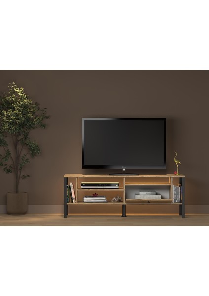 Lotus LED Işıklı Özel Tasarım Metal Ayaklı Minifiksli Tv Ünitesi - Tv Sehpası 140 cm indirimleri