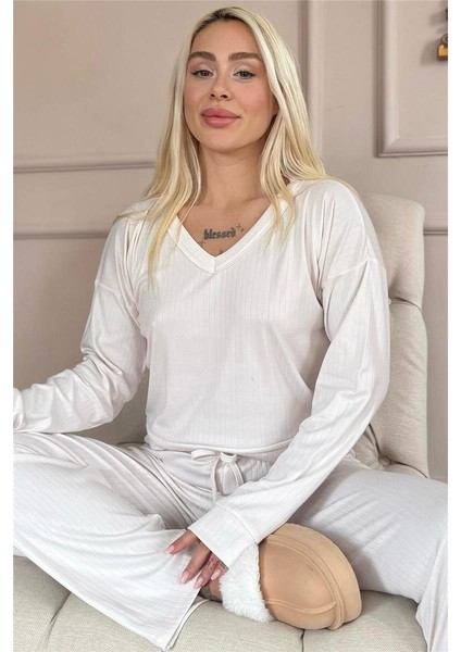 Açık Pudra Dublin Uzun Kollu V Yaka Kadın Pijama Takımı