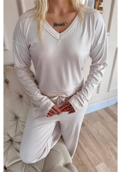 Açık Pudra Dublin Uzun Kollu V Yaka Kadın Pijama Takımı indirimleri