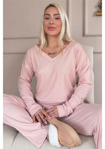 Pudra Dublin Uzun Kollu V Yaka Kadın Pijama Takımı