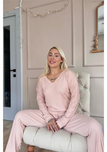 Pudra Dublin Uzun Kollu V Yaka Kadın Pijama Takımı