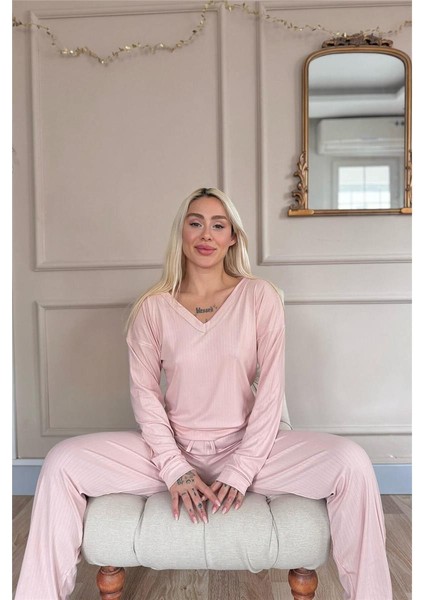 Pudra Dublin Uzun Kollu V Yaka Kadın Pijama Takımı