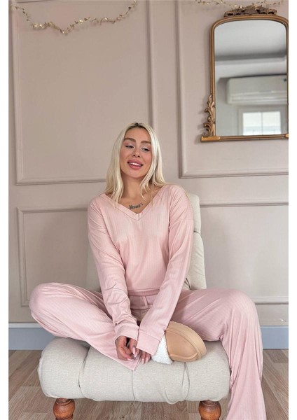 Pudra Dublin Uzun Kollu V Yaka Kadın Pijama Takımı