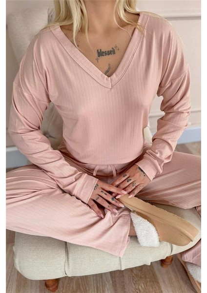 Pudra Dublin Uzun Kollu V Yaka Kadın Pijama Takımı