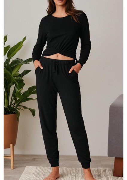 %100 Pamuk Kadın 2'li Premium Kumaş Pijama Altı Cepli Ipli Relax Fit Terletmez Esnek Siyah-Gri