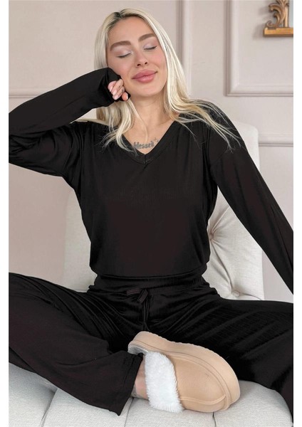 Siyah Dublin Uzun Kollu V Yaka Kadın Pijama Takımı