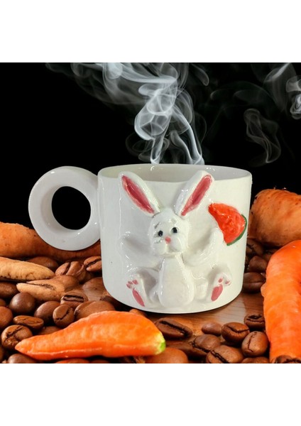 3D Kabartma El Emeği Göz Nuru Şaşkın Tavşan Seramik Kupa Bardak 400 ml