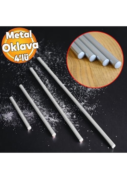 - Alüminyum Metal Oklava 4'lü Set Börek Hamur Yufka Açma Silindir Yuvarlak Uzun Kısa Mutfak Araç
