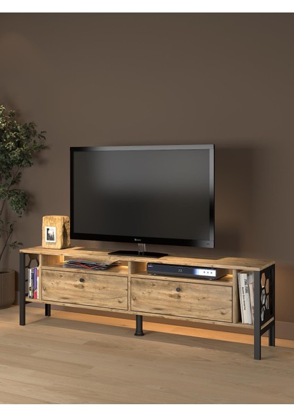 Roma LED Işıklı Özel Tasarım Metal Ayaklı Minifiksli Tv Ünitesi - Tv Sehpası 160 cm