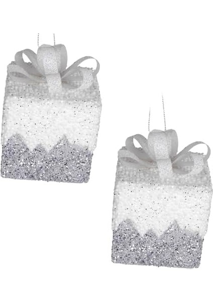 Yılbaşı Süsü Hediye Paketi Simli Kurdelalı 2'li Paket Gümüş-Beyaz 8 cm .