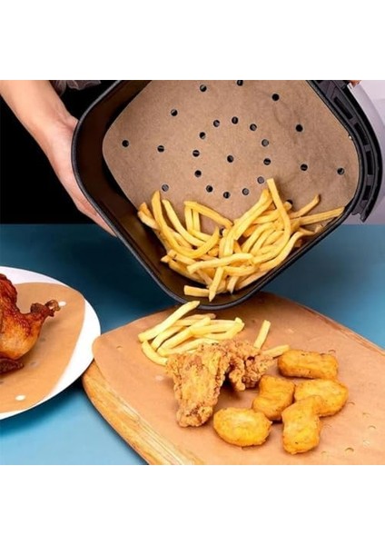 - Air Fryer Tek Kullanımlık Hava Fritöz Gıda Pişirme Kağıdı Delikli Kare Model 100 Adet
