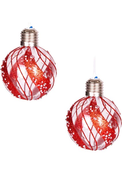 Yılbaşı Topu Ampul LED Işıklı Simli Boncuk Desenli 2'li Paket Kırmızı 7 cm .