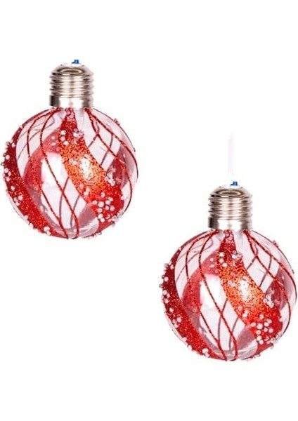 Yılbaşı Topu Ampul LED Işıklı Simli Boncuk Desenli 2'li Paket Kırmızı 7 cm .
