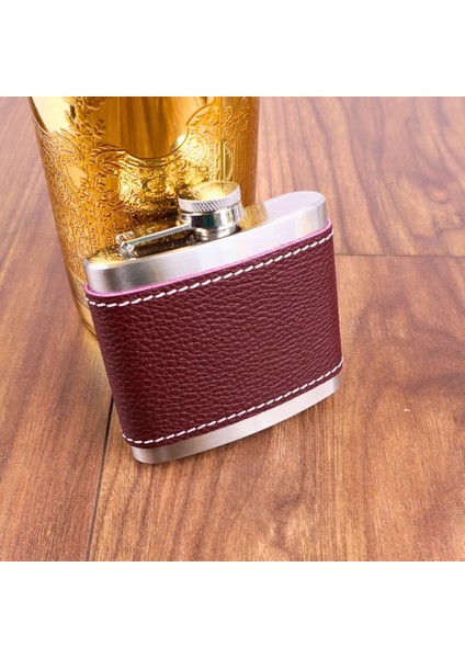 - 5 OZ-150 cc Hunili Kahve Brown Deri Kılıf Çelik Viski Içki Konyak Matarası