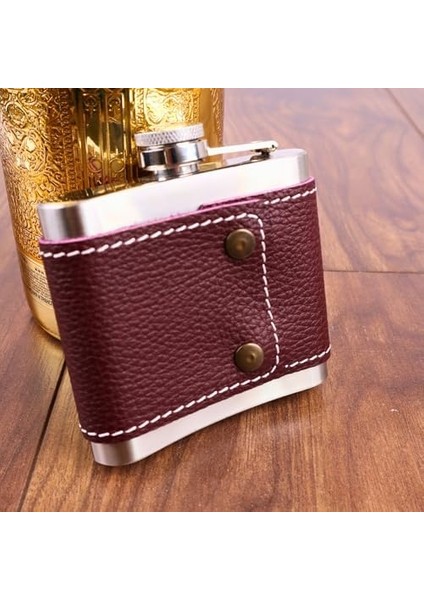 - 5 OZ-150 cc Hunili Kahve Brown Deri Kılıf Çelik Viski Içki Konyak Matarası