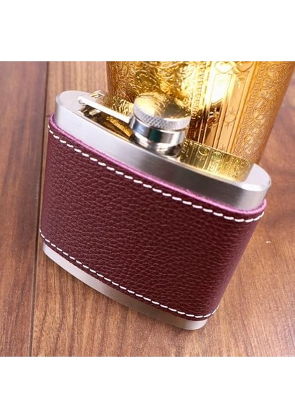 - 5 OZ-150 cc Hunili Kahve Brown Deri Kılıf Çelik Viski Içki Konyak Matarası