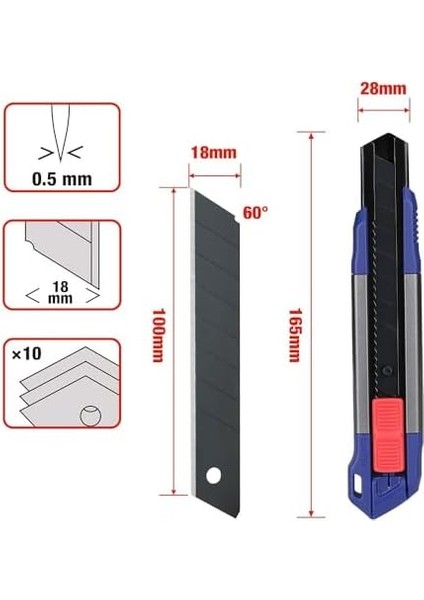 - WP212022 18 mm Ağır Hizmet Alüminyum Kasa Maket Bıçağı + 10 Adet Yedek Bıçak