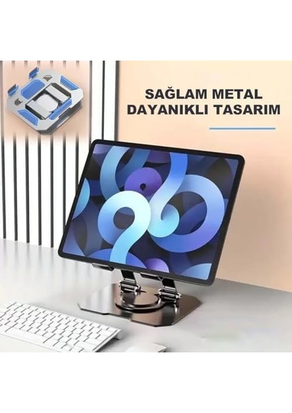 Tablet Standı 360 Derece Dönebilen Tablet Stand Katlanabilir Metal Tablet Tutucu Standı Tablet ve Telefon Tutucu Stant Tablet Tutucu Metal (Metalik Gri)