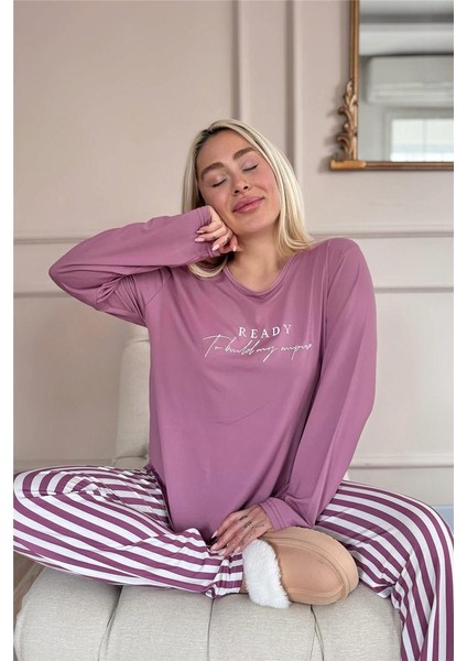 Pudra Ready Desenli Bambu Uzun Kol Kadın Pijama Takımı