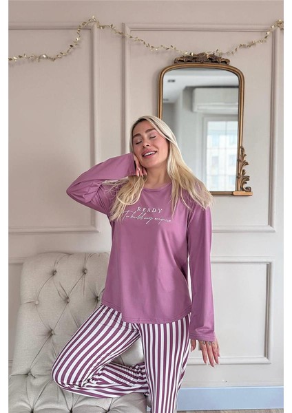 Pudra Ready Desenli Bambu Uzun Kol Kadın Pijama Takımı