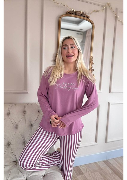 Pudra Ready Desenli Bambu Uzun Kol Kadın Pijama Takımı