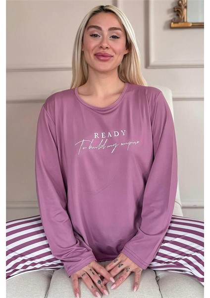 Pudra Ready Desenli Bambu Uzun Kol Kadın Pijama Takımı